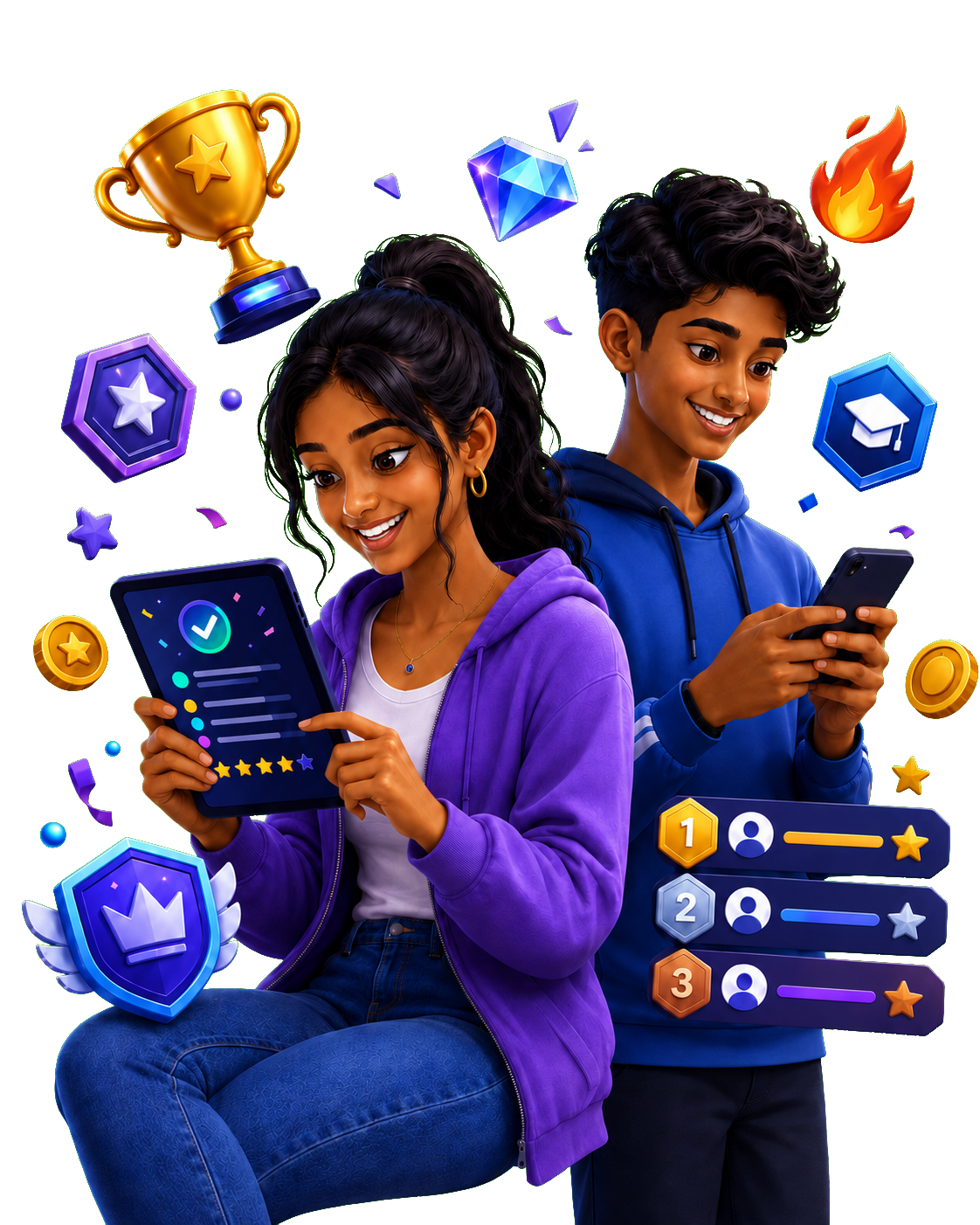 Students earning points, badges and climbing the leaderboard